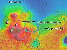 Map showing Phoenix and other Mars lander locations.