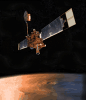 Artist's concept of the Mars Global Surveyor in a downward-pointing nadir position and an off-nadir slightly backward-pointing position.