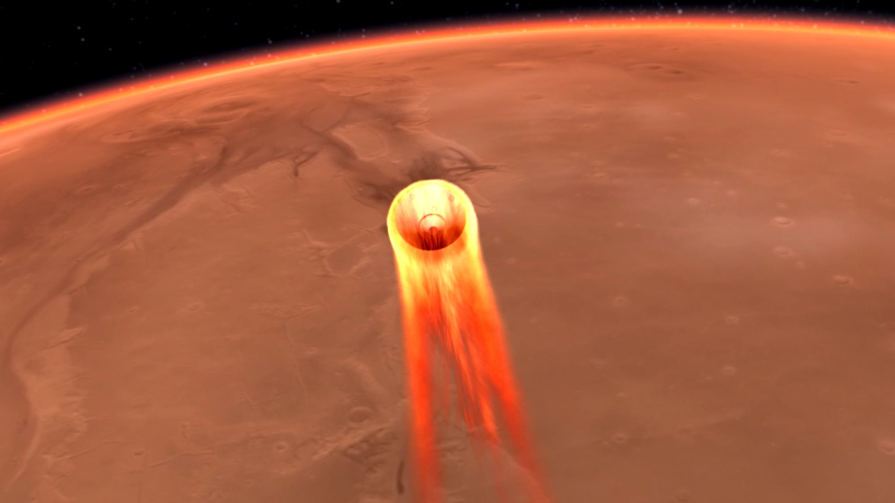 Image of a spacecraft during entry of Mars