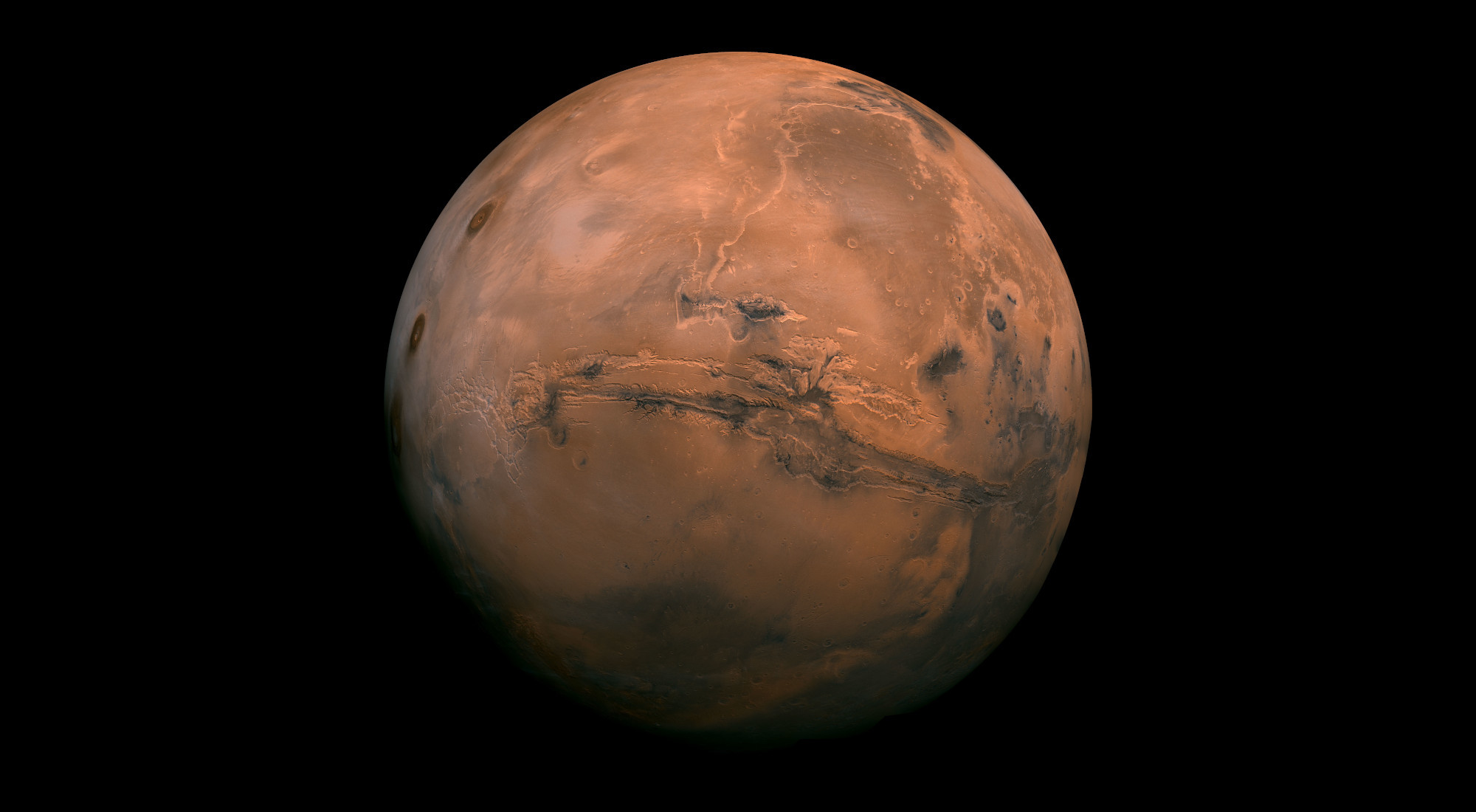 Mosaic of the Valles Marineris hemisphere of Mars projected into point perspective, a view similar to that which one would see from a spacecraft