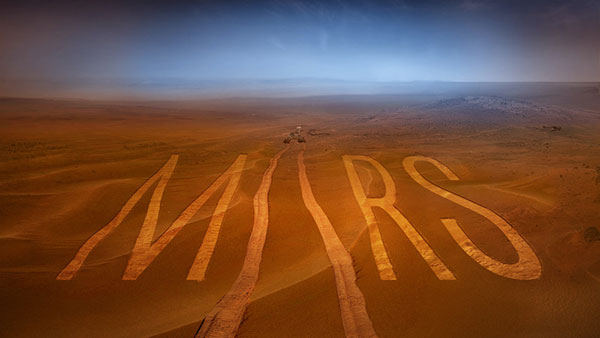 Illustration of Mars tracks with a rover in the background
