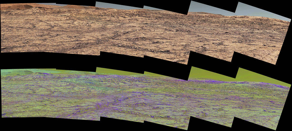 This pair of images from the Mast Camera (Mastcam) on NASA's Curiosity rover illustrates how special filters are used to scout terrain ahead for variations in the local bedrock. (Credits: NASA/JPL-Caltech/MSSS/ASU)