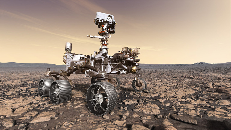 This artist's rendition depicts NASA's Mars 2020 rover studying its surroundings. Mars 2020 is targeted for launch in July or August 2020 from the Cape Canaveral Air Force Station in Florida.