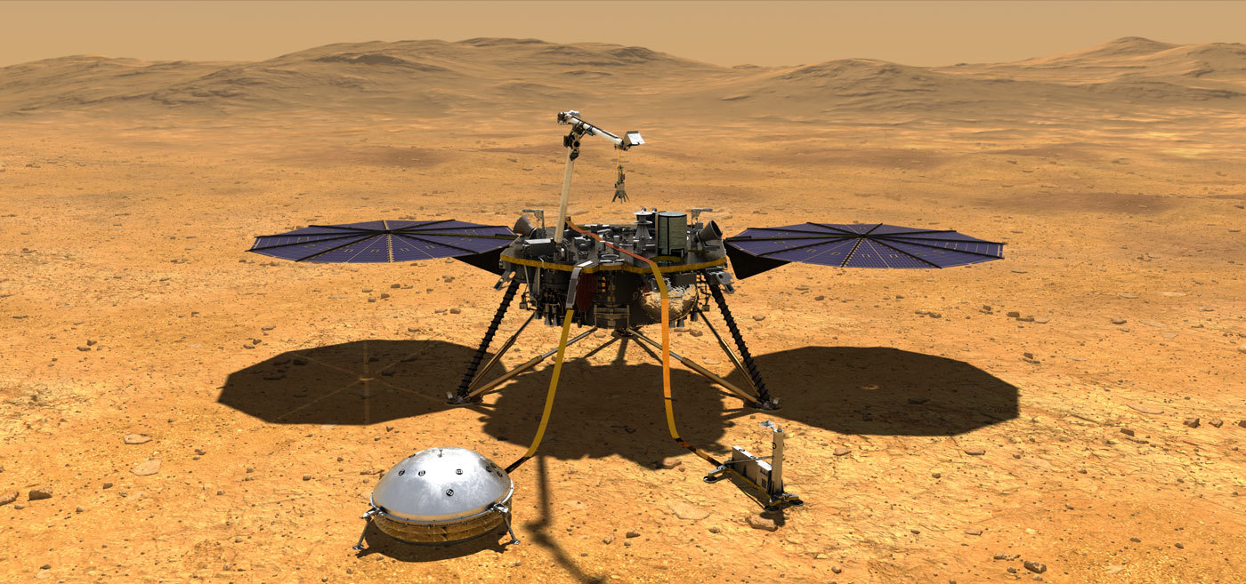 This artist's concept depicts NASA's InSight lander after it has deployed its instruments on the Martian surface.