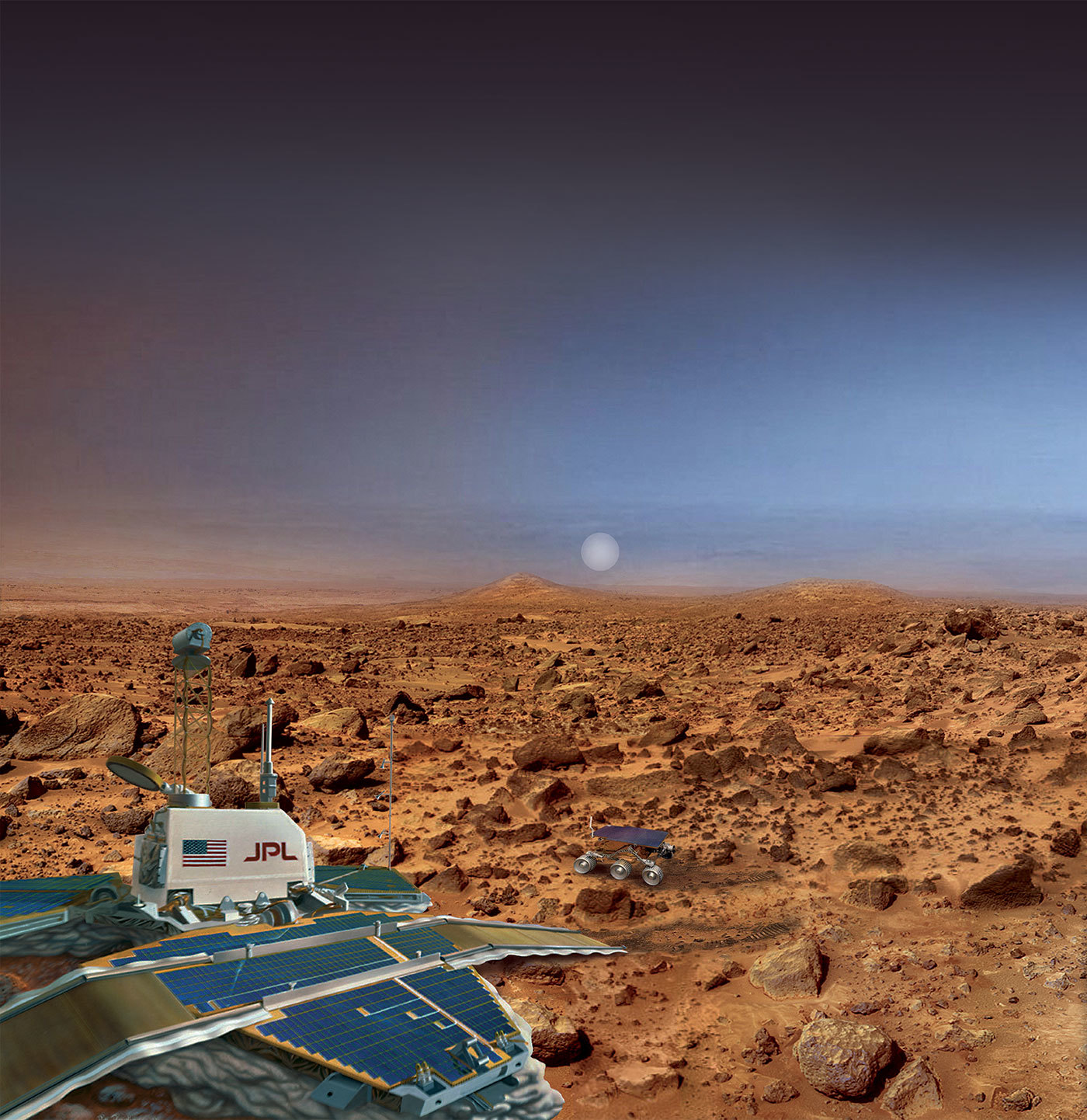 An artist's rendering of Mars Pathfinder, which consisted of a lander and the first-ever robotic rover on the surface of the Red Planet. The documentary "The Pathfinders" tells the story behind the mission. 