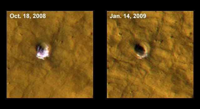 Twelve-Meter-Wide Crater Excavates Ice on MarsRelated Images Related VideoListen to media telecon (MP3 - 30Mb)Read the media telecon transcript 