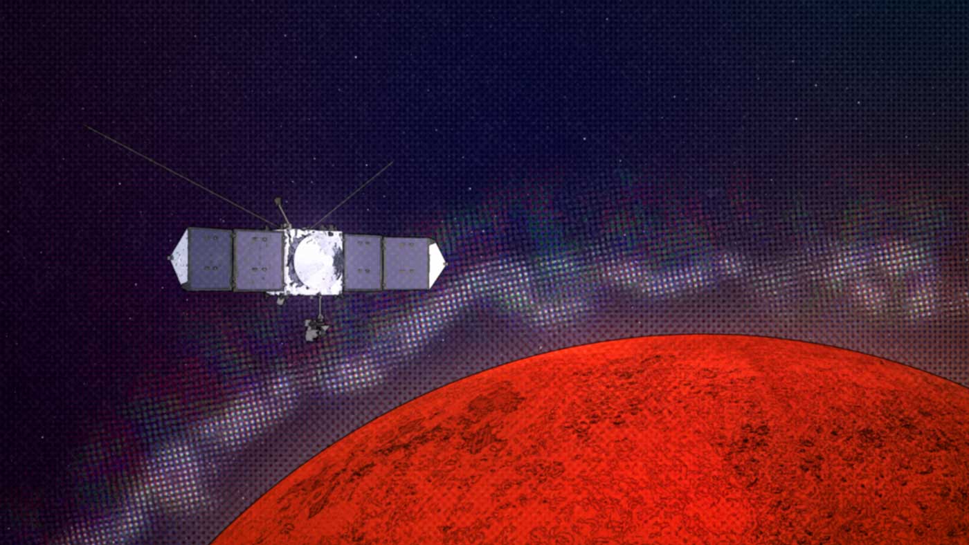 Graphic illustrating the MAVEN spacecraft encountering plasma layers at Mars.
