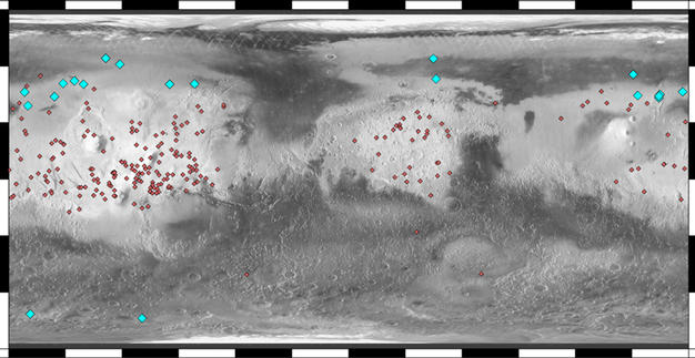 Locations of Ice-Exposing Fresh Craters on Mars