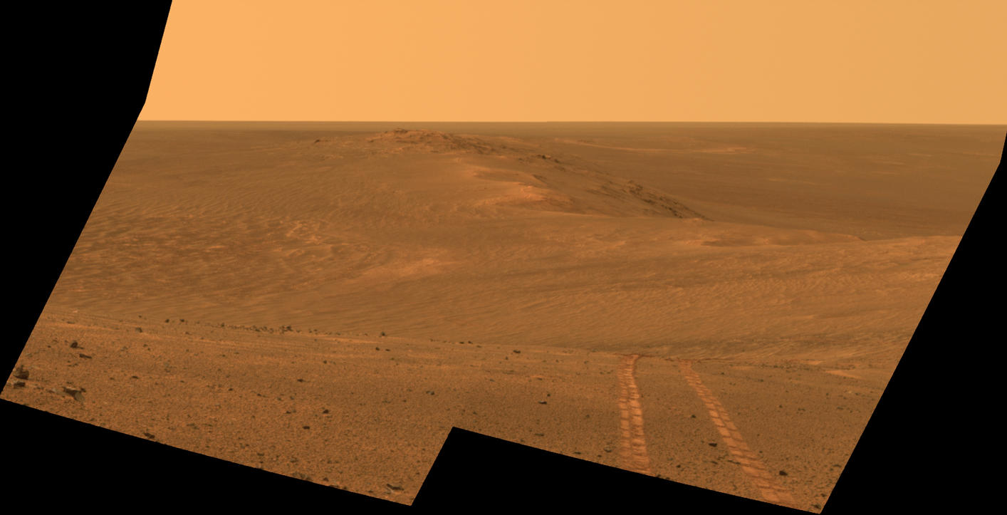 Rover Tracks in Northward View Along West Rim of Endeavour